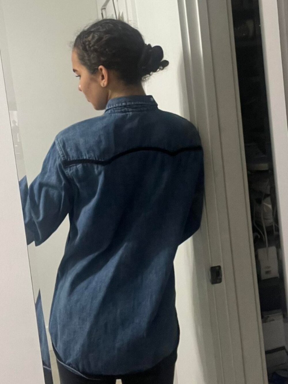 Zara Blue denim shirt with pearl button detailing and black decoration - Picture 2 of 3